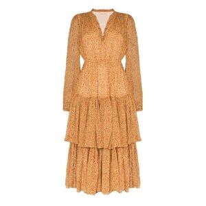 ByTimo- Orange Printed Long Sleeve Ruffle Midi Dress